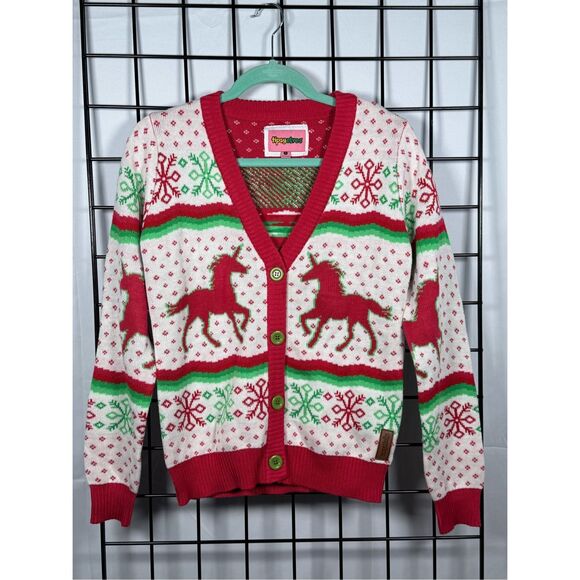 Tipsy Elves Christmicorn Christmas Unicorn Print Cardigan Sweater Womens S White - Picture 1 of 10